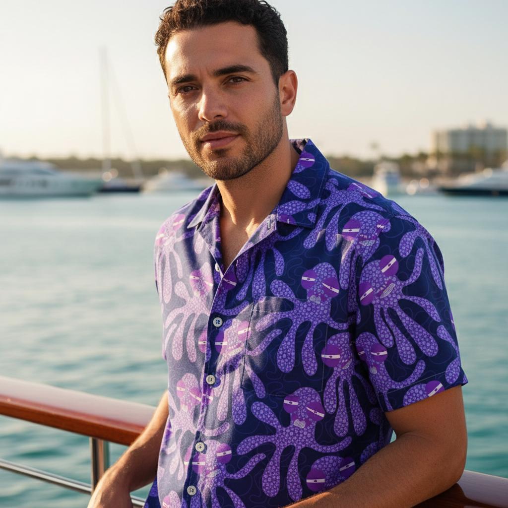 Colorful octopus Hawaiian shirts displayed showcasing various artistic designs and patterns for marine life lovers
