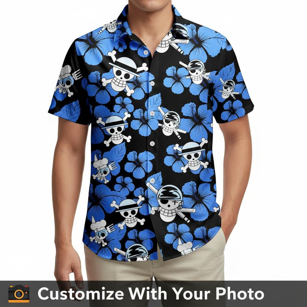 pirate hawaiian shirt with white skull and blue hibiscus on man beach party