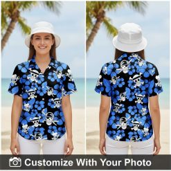 pirate hawaiian shirt with skull and hibiscus print worn by woman at sunset