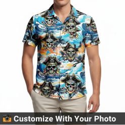 pirate hawaiian shirt for men with skull print, palm trees, and ocean wave details
