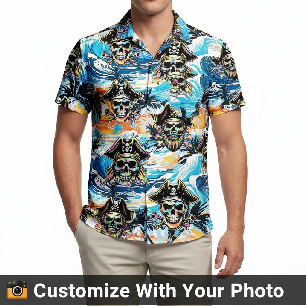 pirate hawaiian shirt for men with skull print, palm trees, and ocean wave details