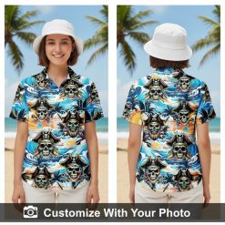 pirate hawaiian shirt for women with bold skulls, blue waves, orange palm trees