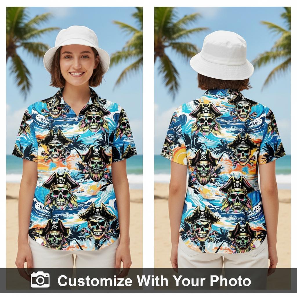 pirate hawaiian shirt for women with bold skulls, blue waves, orange palm trees