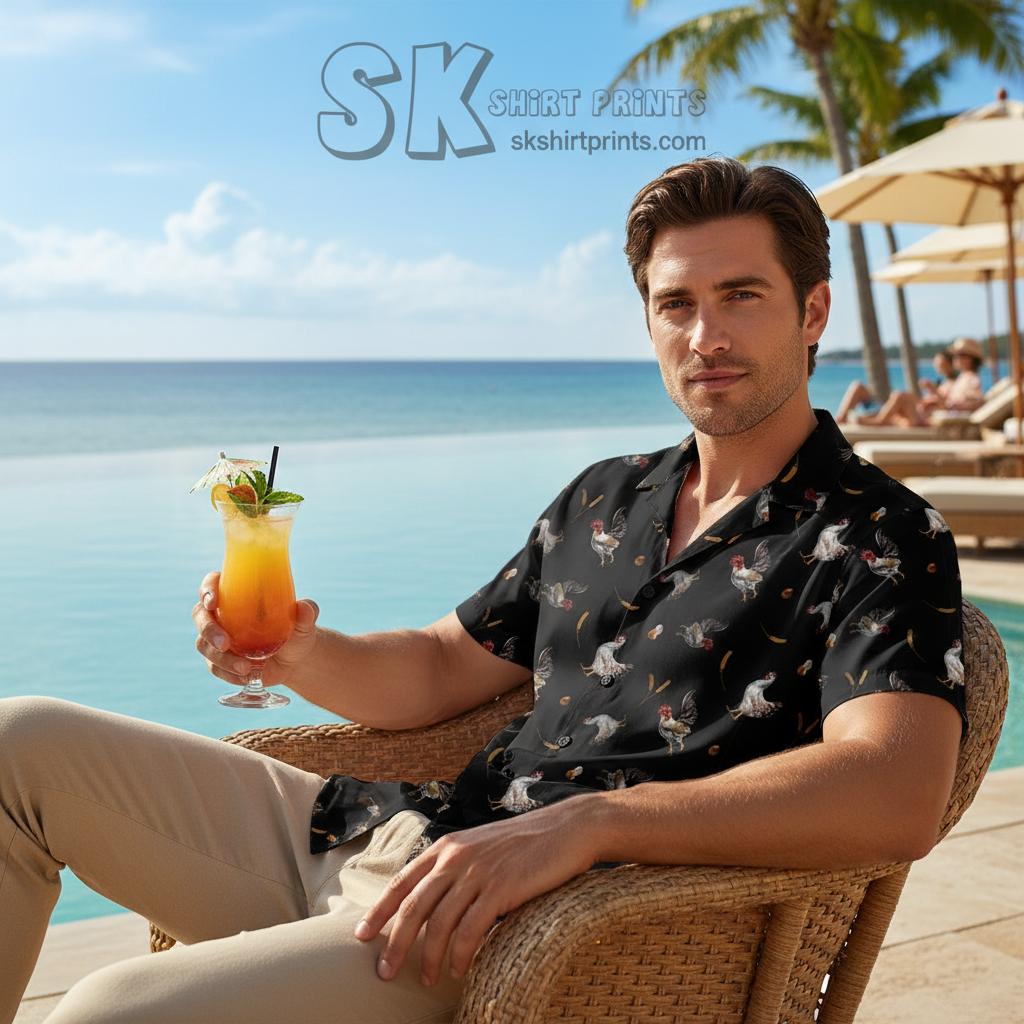 Stylish person wearing rooster hawaiian shirt top gun inspired design in modern setting