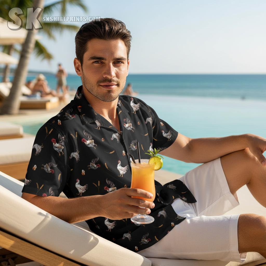 Stylish person wearing vibrant rooster top gun hawaiian shirt with tropical background showcasing 2026 fashion trends