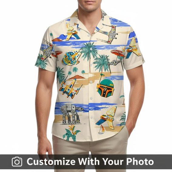 custom star wars hawaiian shirt with helmets and islands worn by man seaside