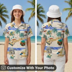 custom star wars hawaiian shirt with palm trees worn by woman at sunset beach
