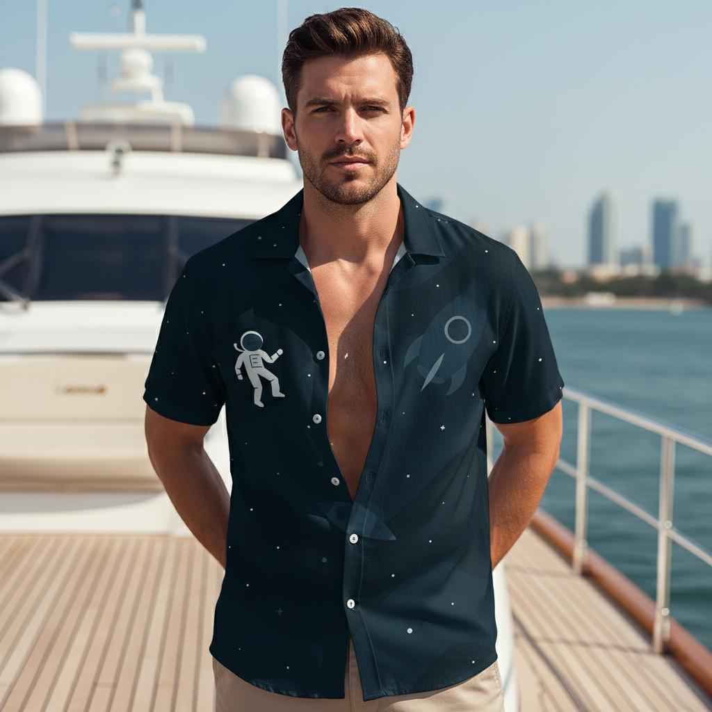 Stylish man wearing Star Wars Hawaiian shirt in tropical setting showcasing galactic aloha fashion