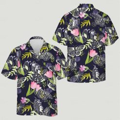 Tropical blouse womens design showing butterflies, pink and purple flowers, and green leaves