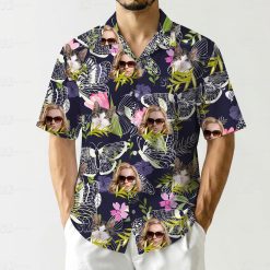 Tropical blouse womens shirt with woman faces, cats, flowers, and butterfly outlines on navy