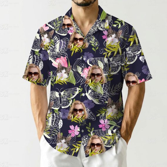 Tropical blouse womens shirt with woman faces, cats, flowers, and butterfly outlines on navy