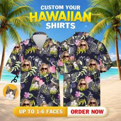 Tropical blouse womens shirt with woman's face sunglasses cat butterflies pink and green flowers