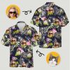 Tropical blouse womens shirt with cat and person faces, green leaves, pink and purple flowers