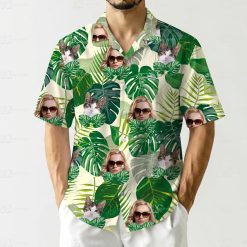 Tropical print shirt womens style featuring green leaves, cats, and a woman's face in sunglasses