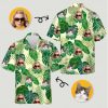 Tropical print shirt womens design with monstera leaves, woman in sunglasses, and cat faces