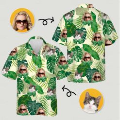 Tropical print shirt womens design with monstera leaves, woman in sunglasses, and cat faces