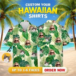 Tropical print shirt womens featuring green leaves, cats, and a sunglass-wearing person on a light shirt