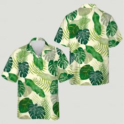 Tropical print shirt womens design with green palm and monstera leaves on a light fabric