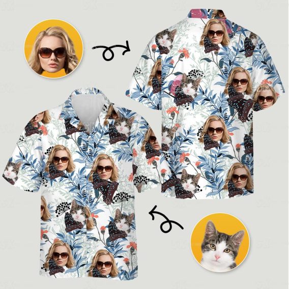 Tropical shirts for women featuring faces, cats, butterflies, and botanical designs on a colorful pattern