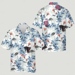 Tropical shirts for women with green leaves, red-orange flowers, butterflies, and birds