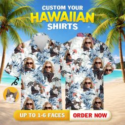 Tropical shirts for women feature a woman’s face, cat, leaves, flowers, and butterflies