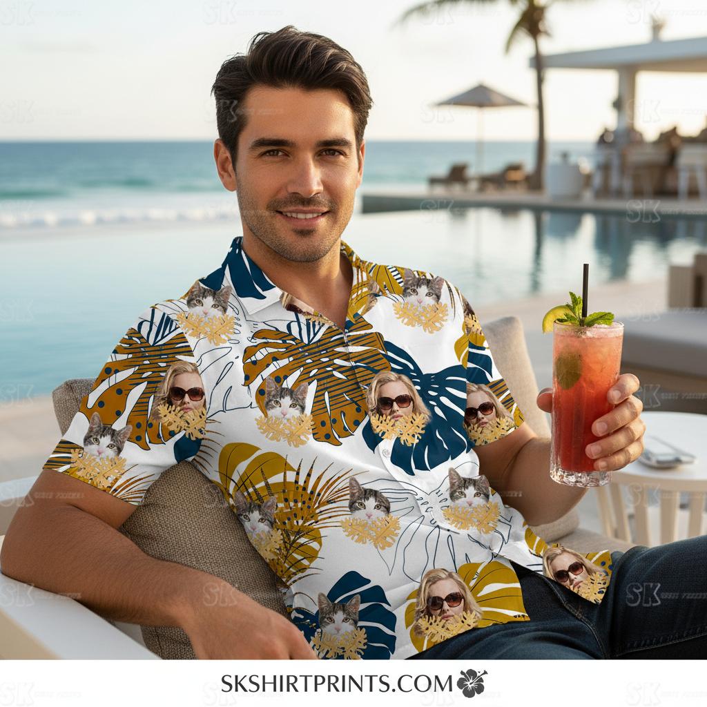 Woman wearing colorful womens aloha shirt with tropical print while walking golden retriever on beach