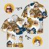 Womens aloha shirt featuring tropical leaves and custom face images with sunglasses and cat faces