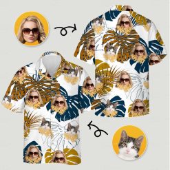 Womens aloha shirt featuring tropical leaves and custom face images with sunglasses and cat faces