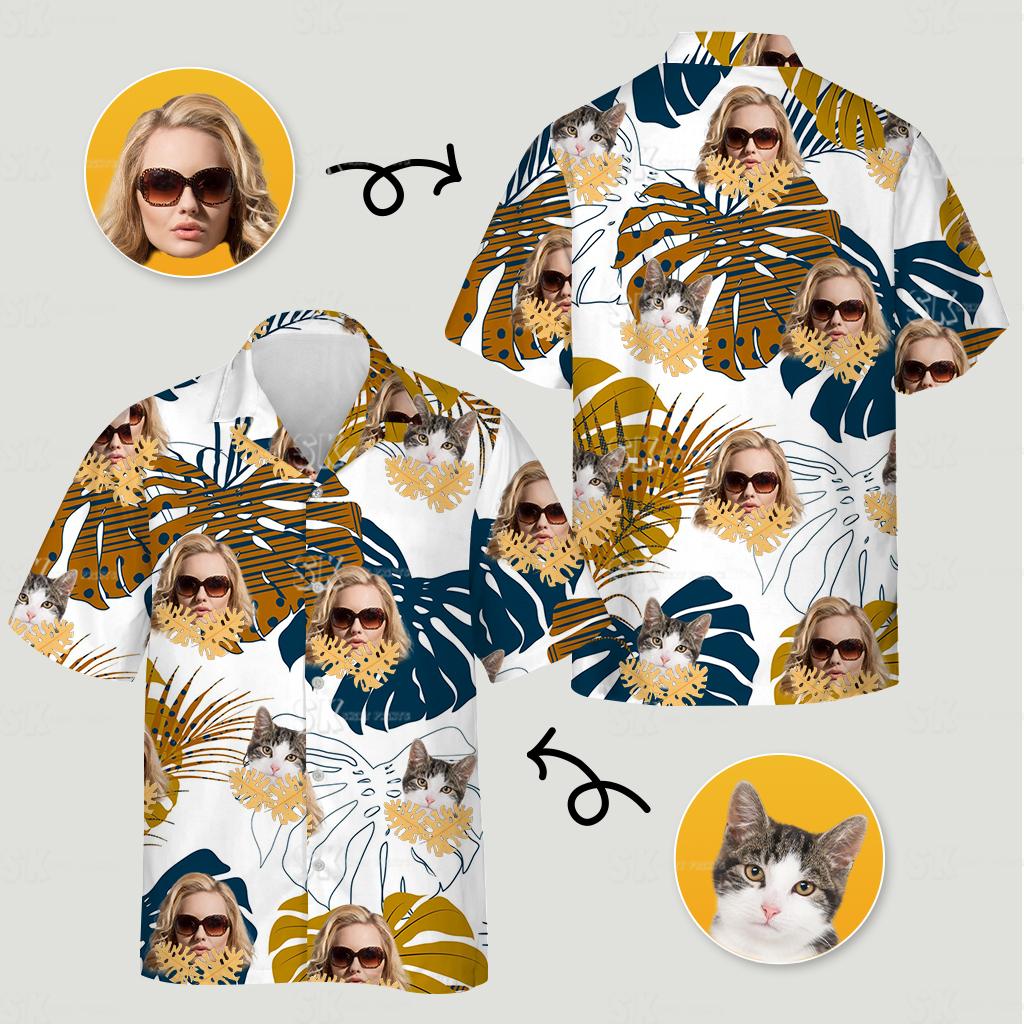 Womens aloha shirt featuring tropical leaves and custom face images with sunglasses and cat faces