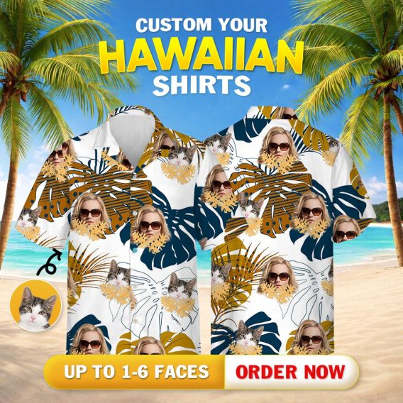 Womens aloha shirt featuring blue tropical leaves and custom face and cat design