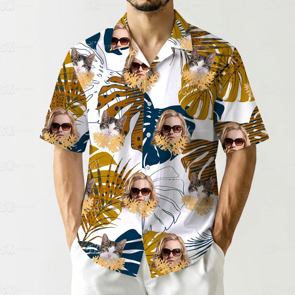 womens aloha shirt with tropical leaves, people in sunglasses, and cats on white background