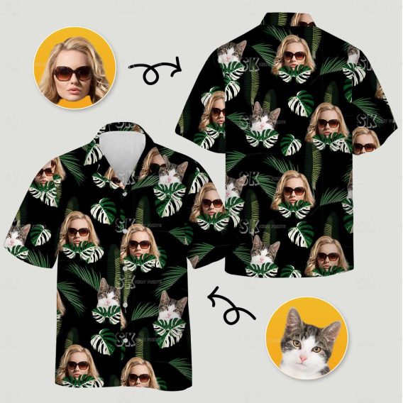 womens hawaiian shirts nearby featuring a person in sunglasses and a cat face with tropical leaves on black