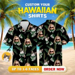 Womens hawaiian shirts nearby featuring a person's face, a cat, and lush green leaves