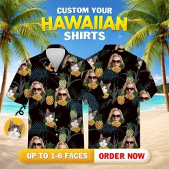 Womens plus size Hawaiian shirt with woman and cat faces, pineapples, and tropical leaves