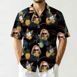 Womens plus size Hawaiian shirt featuring pineapples, cat faces, women’s faces with sunglasses, and palm leaves