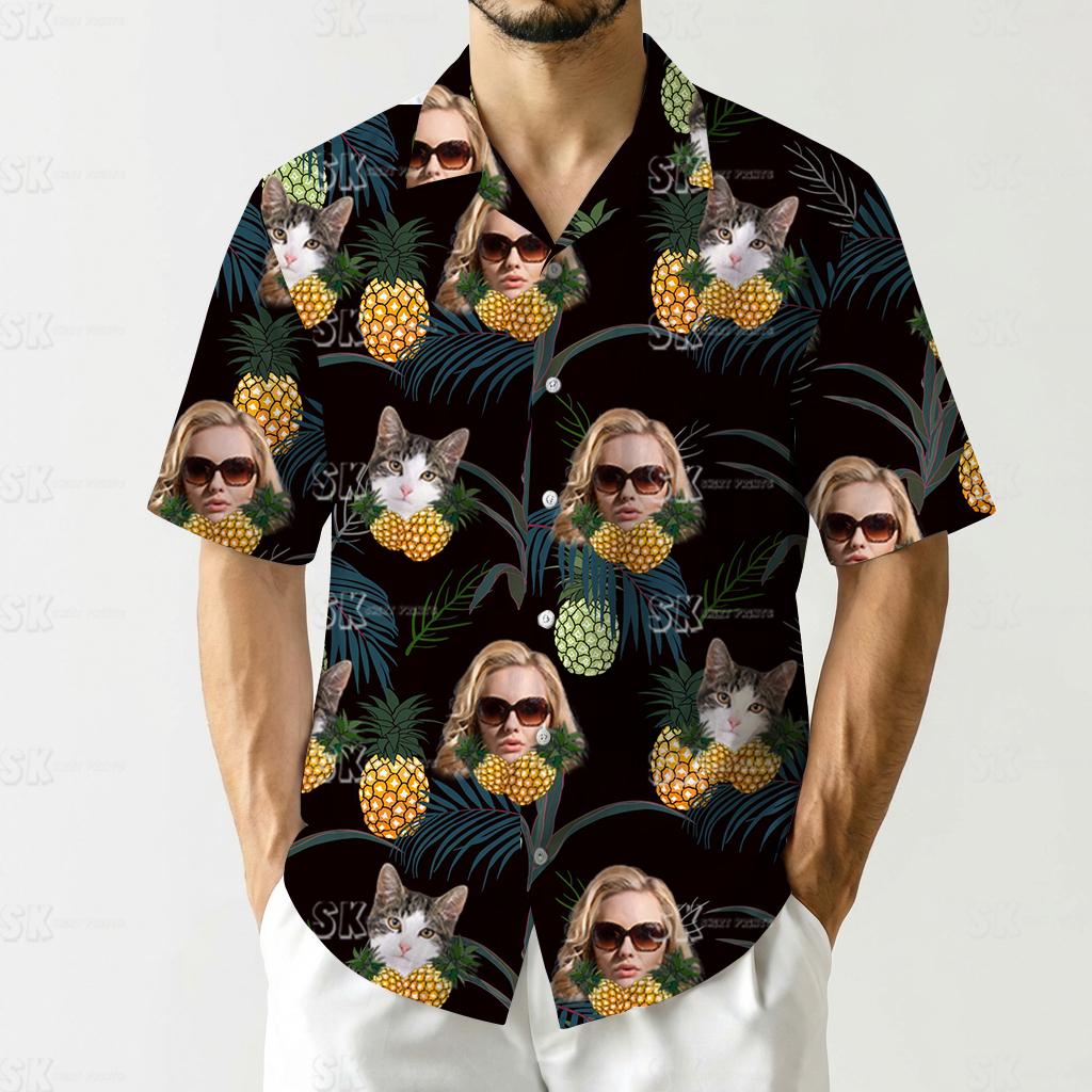 Womens plus size Hawaiian shirt featuring pineapples, cat faces, women’s faces with sunglasses, and palm leaves