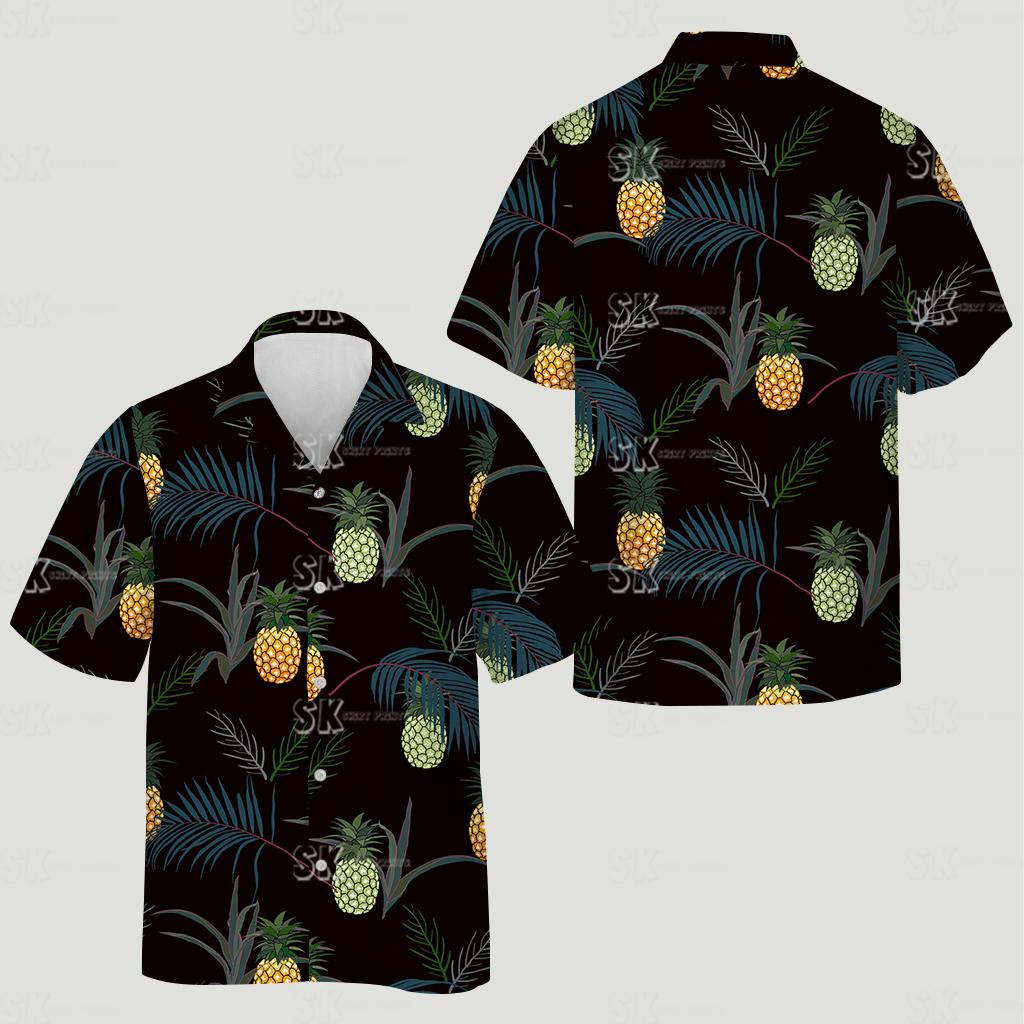 womens plus size hawaiian shirts with pineapples and tropical leaves on black