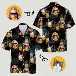 Womens plus size Hawaiian shirts with sunglasses faces, cat faces, pineapples, and tropical leaves