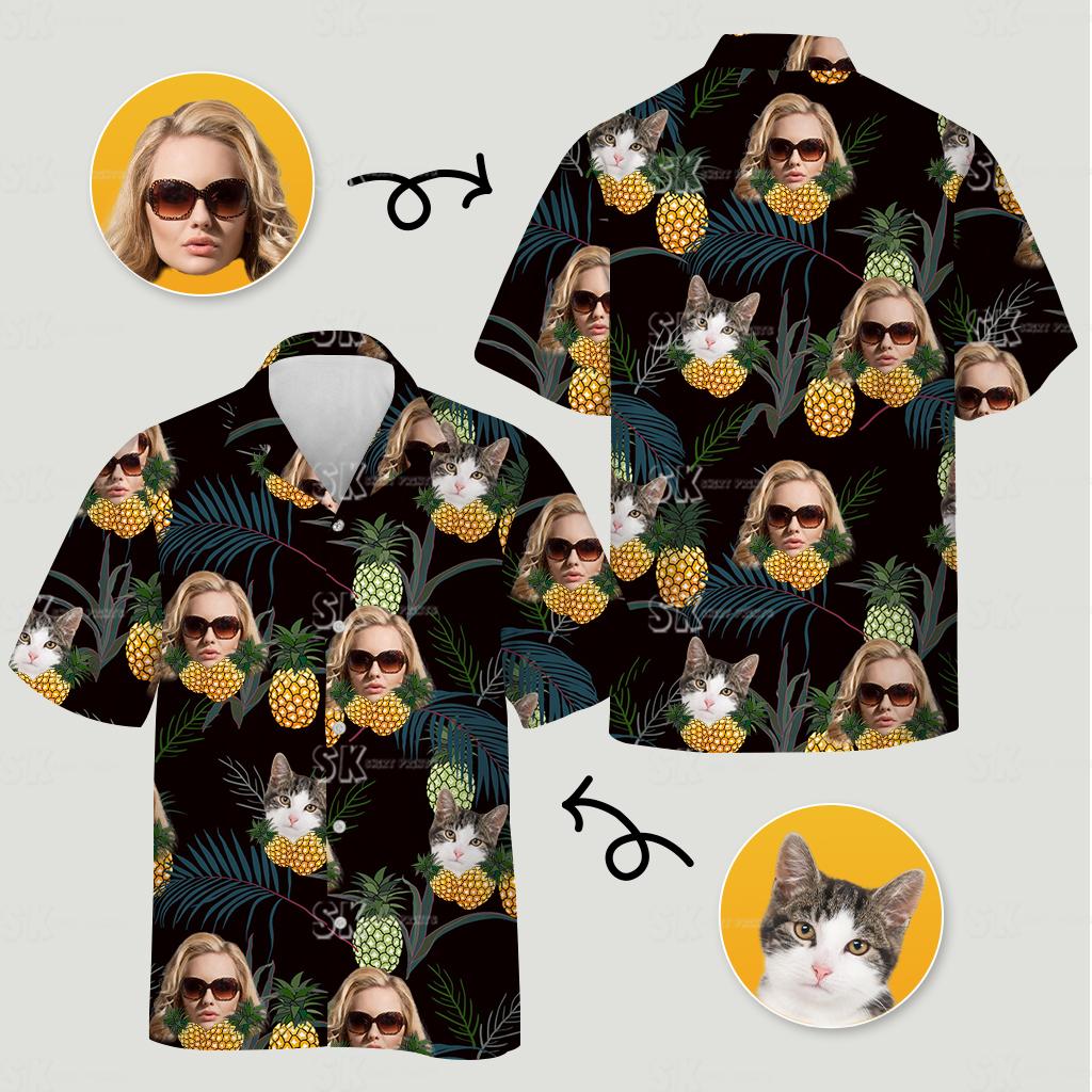 Womens plus size Hawaiian shirts with sunglasses faces, cat faces, pineapples, and tropical leaves