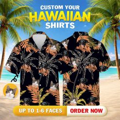 Mens tropical button down shirts display dog cat faces between orange yellow tropical foliage