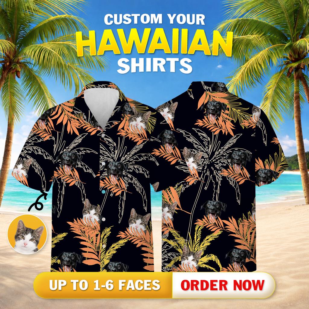 Mens tropical button down shirts display dog cat faces between orange yellow tropical foliage