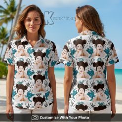 Hawaiian shirt with baby face and sea turtle print worn by woman at sunset beach
