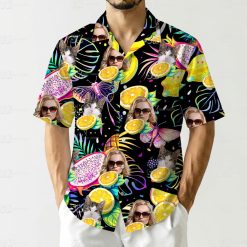 Woman wearing banana hawaiian shirt with custom sunglasses photo and citrus fruit pattern