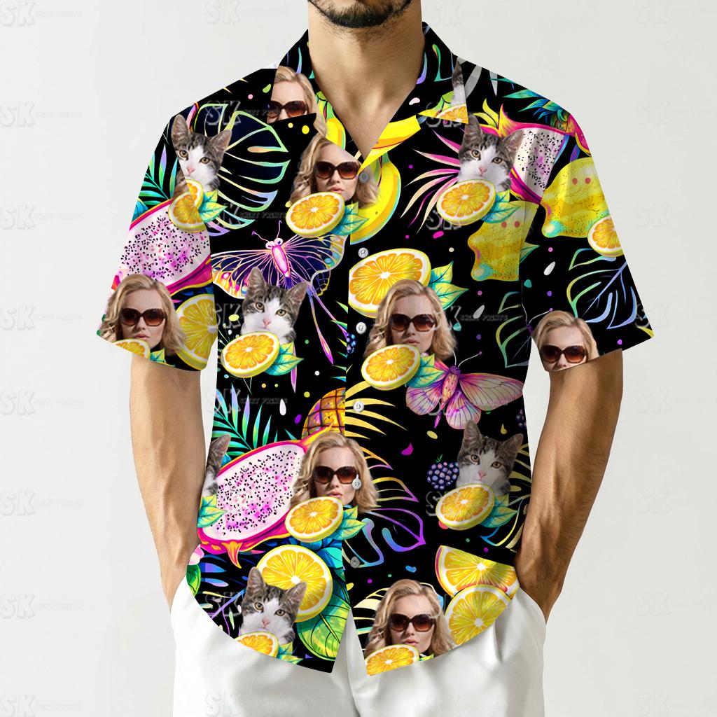 Woman wearing banana hawaiian shirt with custom sunglasses photo and citrus fruit pattern