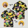 Close-up banana hawaiian shirt featuring custom woman face, cat, tropical fruits and butterflies