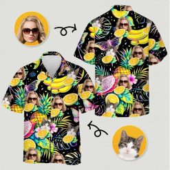 Close-up banana hawaiian shirt featuring custom woman face, cat, tropical fruits and butterflies
