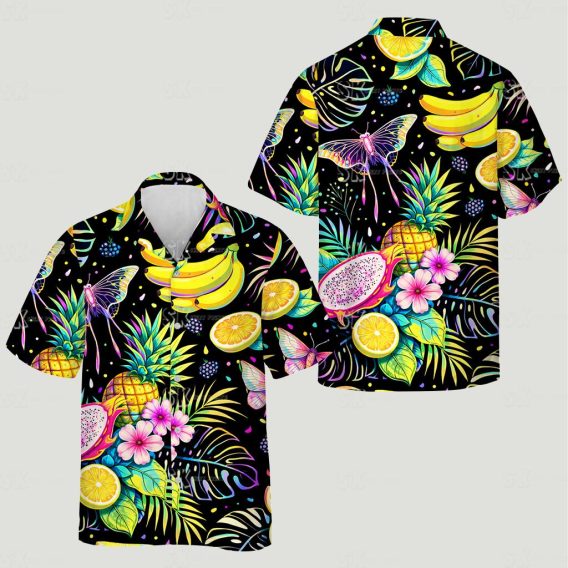 Detailed banana hawaiian shirt showing dragon fruit slices, pineapples and tropical leaves pattern