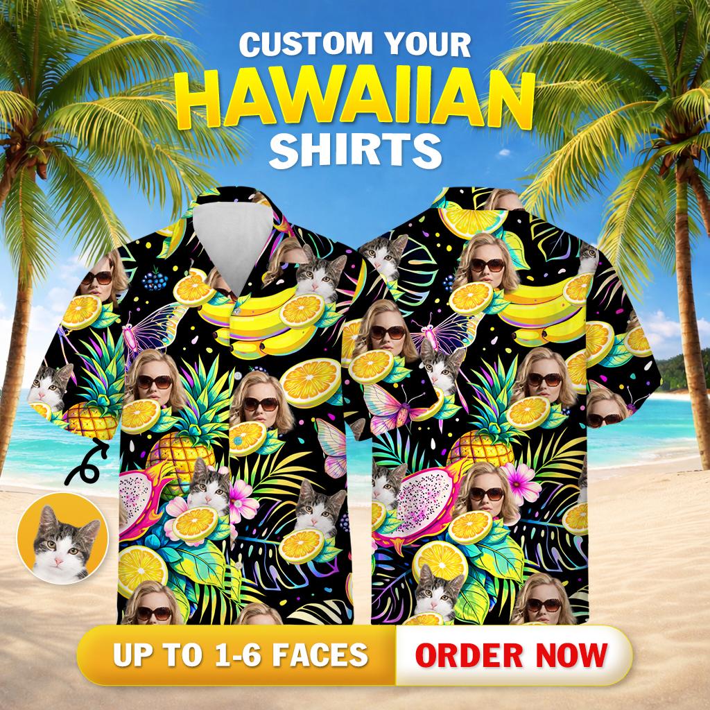 Full banana hawaiian shirt displaying custom face integration with pineapples and tropical butterflies
