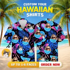 Upside down pineapple hawaiian shirt displaying faces cats citrus slices cocktail umbrellas