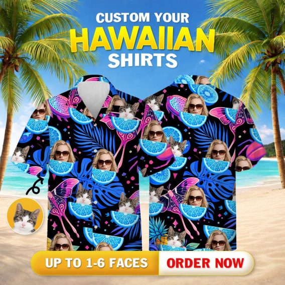 Upside down pineapple hawaiian shirt displaying faces cats citrus slices cocktail umbrellas